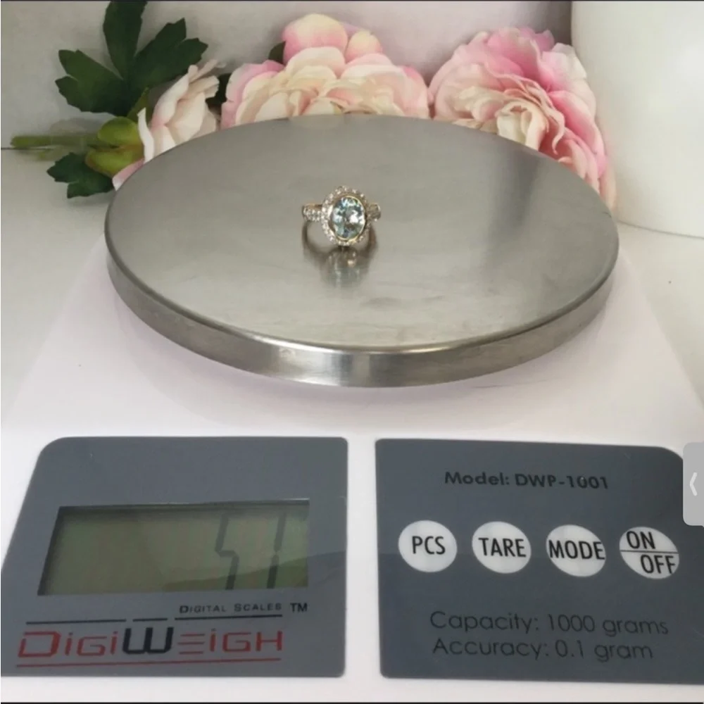 14k AQUAMARINE &DIAMOND RING - Picture 2 of 8